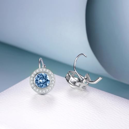 Halo Earrings 925 Sterling Silver Classic Round Cut Halo Leverback Earrings with Birthstone Crystal from Austria, Birthday Jewelry Gifts for Women3