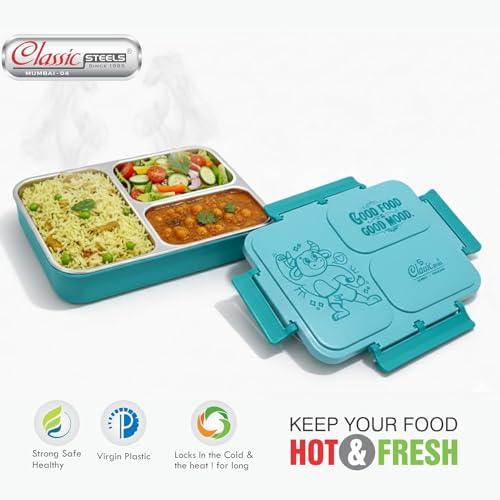 Image of Classic Steels Insulated 3-Compartment Stainless Steel Lunch Box for Kids & Adults | Leak-Proof Bento Box with Silicone Seal | BPA-Free & Food Grade, Green