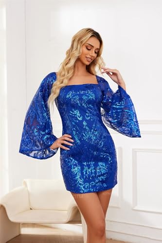 KDTM Long Sleeve Sequin Homecoming Dresses for Teens 2025 Sparkly Mini Bodycon Square Neck Formal Prom Cocktail Dress3