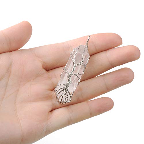 Top Plaza Natural Raw Stone Healing Crystal Necklace Silver Life Tree Wire Wrapped Clear Quartz Point Pendant For Womens Ladies2