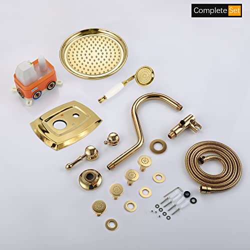 Zygolvq Gold Vintage Brass Shower System With Body Jets - 9" Wall Mounted Rainfall Head And Brass Ceramic Handheld Spray, 3 Way Diverter Brass Rough-In Valve Trim Kit #TOP6
