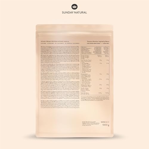 SUNDAY NATURAL® Veganes Proteinpulver – 1 Kg – Super Creamy Vegan Protein Pulver Vanille – 25g Eiweiß pro Portion - 3K Protein-Shake – Gesamtes EAA- & BCAA-Profil – Ohne Zuckerzusatz, Laborgeprüft