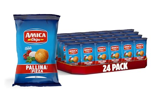 AMICA Chips - Patatine Pallina alla Pizza, 24 Confezioni da 50g | Snack di Mais Cotto al Forno