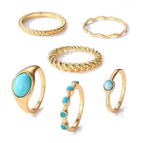 La mejor selección de Anillos de Turquesa del mes. 39 TRUMIGA Juego de 6 Anillos para Mujer, Nudillos de Turquesa, Chapada en Oro de 14 Quilates, Conjuntos de Anillos de Dedo Ajustables, Zirconia Cúbica Brillante, Estilo Clásico,...