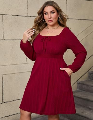 Image of KOJOOIN Womens Plus Size Sweater Knit Dress Square Neck Long Sleeves Tie Front Casual Midi Pullover Fall Dress with Pockets