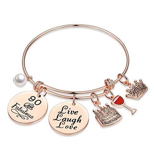 M MOOHAM 90th Birthday Gifts for Women, Turn Ninety Birthday Bday Present Turning 90 Year Old Birthday Gifts for Mom Grandma Nana Women Age 90 Live Love Laugh Bracelet
