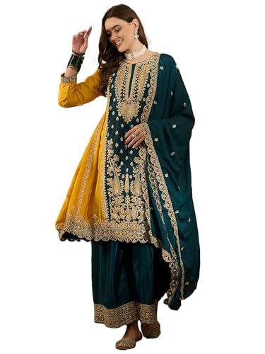 Image of Miss Ethnik Women's Yellow Chinon Stitched Top With Stitched Chinon Bottom and Chinon Dupatta Full Sleeve Embroidered Anarkali Kurta