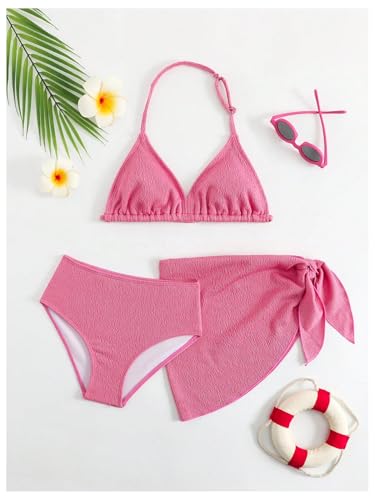 Image of SHENHE Girl's 3 Pieces Halter Triangle Bikini Sets Spaghetti Strap Swimsuit Smocked Bathing Suit with Beach Skirt