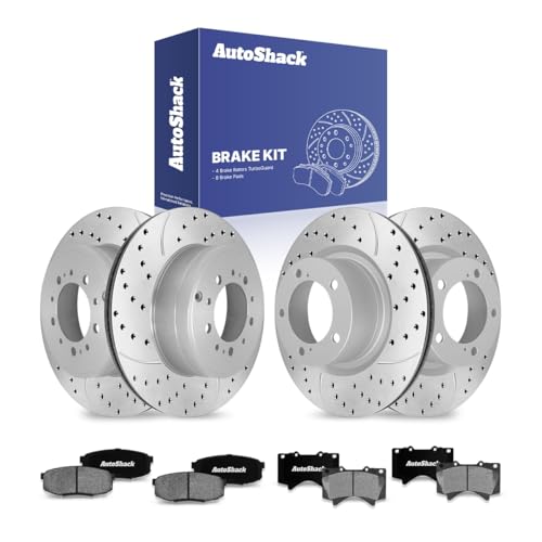 AutoShack Front & Rear Drilled & Slotted Brake Rotors Ceramic Brake Pads | Replacement for Lexus LX570 Toyota Sequoia Land Cruiser 2007-2021 Tundra | Silver Matte Finish | 12-PC Brake Kit | TurboGuard