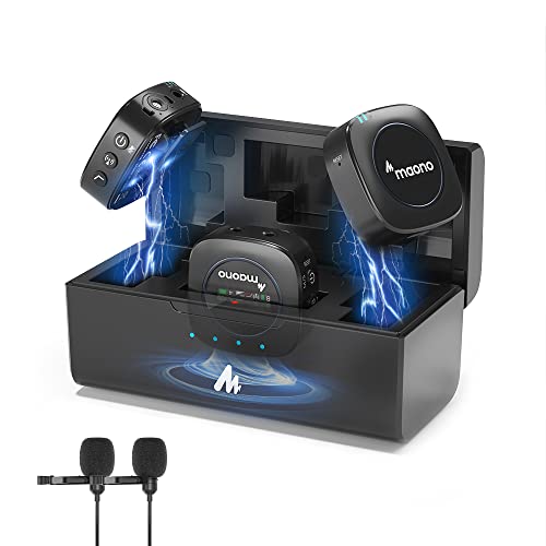 Image of MAONO Ultra-Compact Wireless Lavalier Microphone with Charging Case, 2.4GHz Dual Lapel Mics with Real-time Monitoring, Gain and Mute for Interview, Vlogging, Live Streaming, TikTok(WM821 A2)