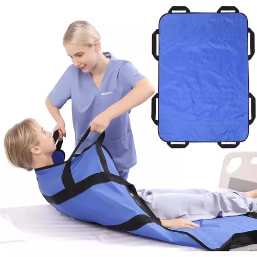 Transferboard für Patientenlifter, Gleittuch für Bettlägerige mit 8 Griffe, Blau Patiententransferbrett 120 x 100 cm, Wiederverwendbar Gleitmatte Pflege, Gleitlaken Patienten Senioren
