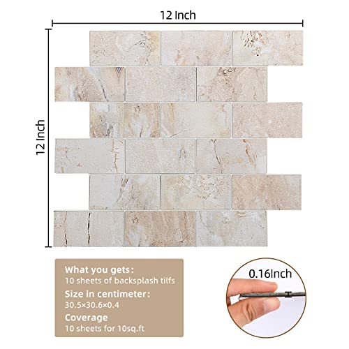 10-Sheets Peel And Stick Backsplash Tile, Stick On Backsplash Brick Stone Tile For Kitchen, Bathroom, Stove, Fireplace, Camper In Sandstone Beige (12''X12'') #TOP5