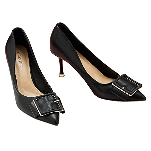 C.PARAVANO Women's Pumps I Black Heels I Pumps Shoes Women I Shoes for Women Heels I Womens Designer Pumps I Stiletto Heels I Elegant Pumps I Buckle Pump Heels(Black Square 40)