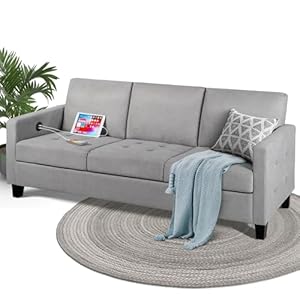 STHOUYN 72″ W 3 Person Seater Couch Sofa with USB Ports, Grey Comfy Couches for Small Spaces, Mid Century Modern Gray Couch for Living Room Apartment Bedroom (Light Grey)