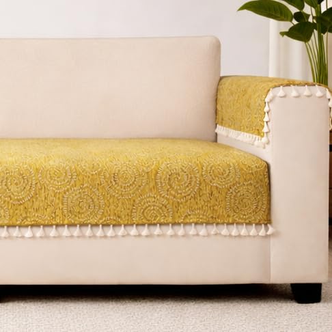 Image of STITCHNEST Woven Fabric Sofa Cover 3 Seater with 2 Hand Rest Covers - Washable Green Sofa Cover with Tassels - Durable Premium Fabric - Stylish Sofa Protector for Living Room & Furniture Decor