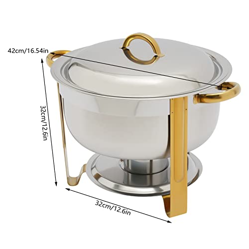 HuKaiL 5L Edelstahl Warmhaltebehälter, Rund Speisewärmer Chafing Dish mit Ständer, Warmhaltegerät Buffetwärmer mit 10kg Tragfähigkeit für Cafeterias, Hotel, Schulkantinen, Bankette, 42 * 32cm, Gold – Bild 4
