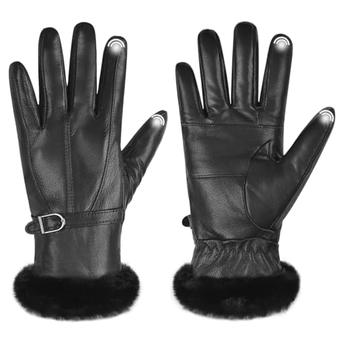 Harssidanzar Damen Lederhandschuhe mit Touchscreen wintertauglich thermofutter SL022EU Schwarz Größe M