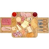 LaDonna Bamboo Cheese Board and Cheese Knife Set | Large Charcuterie Boards with Drawer Serving Tray, Kitchen Accessories | Cheese Board and Knife Set, Cheese Board Gift Set Image