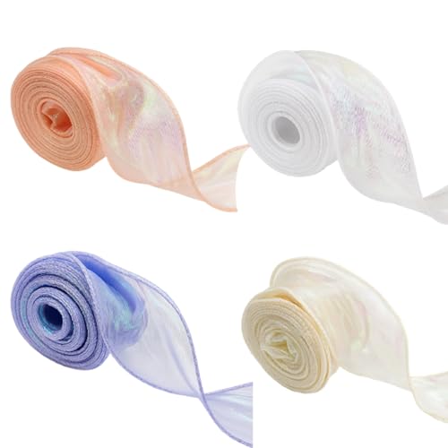 4 PCS Organza Ribbon Ribbons Elegant Iridescent Wired Ribbons for Wedding Bouquets Gift Wrapping Floral Arrangements DIY Crafts Christmas Decor in Dreamy Purple Blush Pink White and Yellow