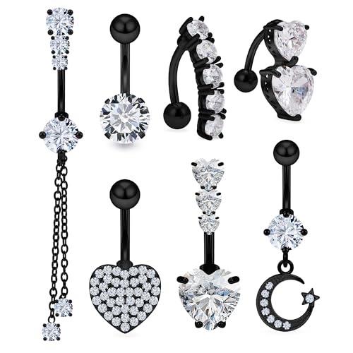 Vsnnsns 14G Heart Belly Button Ring Piercing Jewelry 316L Stainless Surgical Steel Cubic Zirconia Navel Rings Clear Heart CZ Reverse Belly Button Ring Piercing Jewelry for Women Men Hypoallergenic