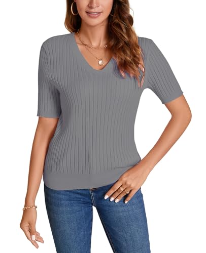 Image of Women Summer Knit Shirt Blouse V Neck Short Sleeve Pullover Sweater Tops