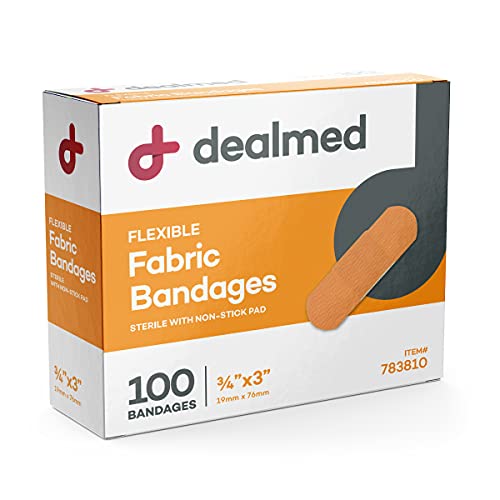 Dealmed Fabric Flexible Adhesive Bandages – 100 Count (1 Pack) Bandages with Non-Stick Pad, Latex Free, Wound Care for First Aid Kit, 3