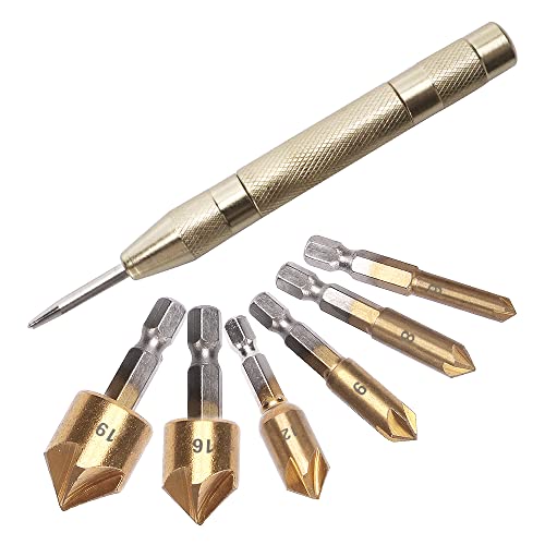 YIXISI 7 Piezas Hex Shank HSS Avellanador de 5 Flautas con Revestidas de Titanio, Brocas Avellanadoras Cónicas HSS 90° con Punzón Central Automático, para Madera, 6/8/9/12/16/19 mm