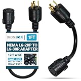 IronBox Electric - L6-20P to L6-30R Adapter - Rated for 20A,250V - 12/3 Wire - Power Cable for Transfer Switches, Data Centers, High-Powered Equipment - Ideal for Indoor/Outdoor Use (1 Foot, Black)
