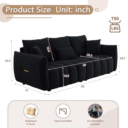 Image of Antetek Teddy Fabric Sofa Set for Living Room, 2 Pieces Modern Deep Seat Oversized 3-Seater Cloud Boucle Couch for Bedroom, Office, Apartment, Furniture Set, 78-inch, Black (2 Pieces)