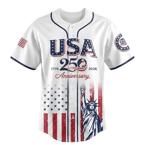 USA 250th Anniversary Baseball Jersey for Men Women Patriotic 1776-2026 American Flag Button Down Shirt (US Alpha Large Regular Regular)