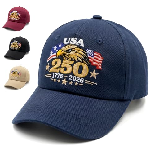 250th Anniversary USA Hat Embroidered United States 250th Anniversary Cap Adjustable Patriotic Eagle Flag Baseball Hat Retro America 250 Gift (Blue)