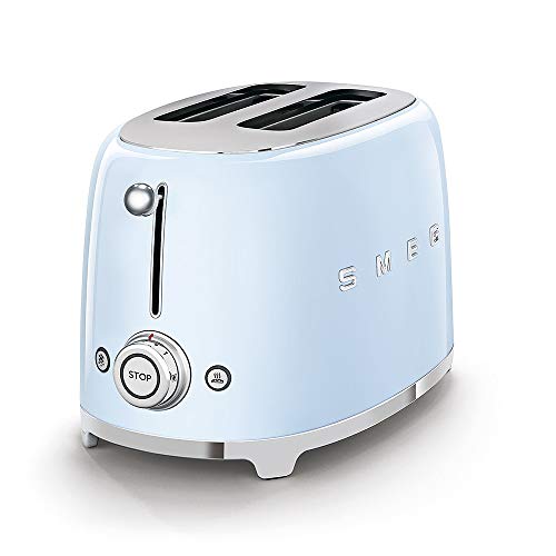 Image of Smeg Toaster, 2 Wide Slot, Original Italian Brand, Patented Smeg Pastel Blue, Auto Center for Even Browning, Smart Crumb Tray Drawer, Multi-Use: Defrost, Reheat & Bagel, 6 Toast Level, 950W,TSF01PBEU