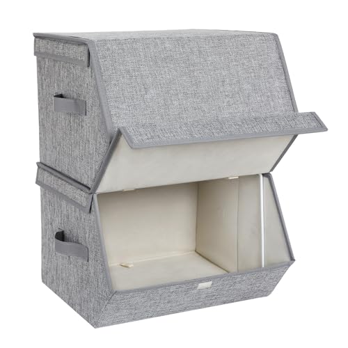 SONGMICS Aufbewahrungsbox, 2er Set, Faltbox, stapelbare Stoffbox, mit magnetischem Klappdeckel, Metallrahmen, 38 x 26,5/35 x 25, grau-beige RLB02GY