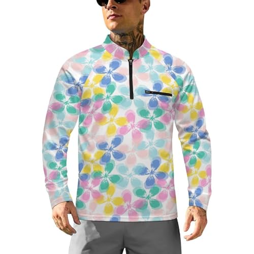 Mens Long Sleeve Mesh Fishing Shirts Tie Dye Leaf and Flower Rash Guard Fishing Running Tshirt Sun Protection Tee