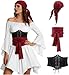 Piratenkostüm Damen Set, Karneval Kostüm Damen Piraten, Off-Shoulder Weißes Kleid mit Korsett, Kopftuch & Taillenschal Mittelalter Kleidung Frauen Piratin Outfit für Halloween Fasching Cosplay
