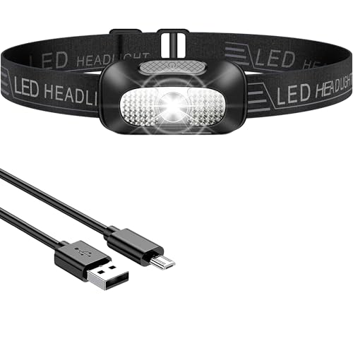 NREDXOON Rechargeable LED Head Torch – Lightweight Headlamp with 5 Light Modes & Red SOS Flash, Micro USB Charging, Waterproof Headlight for Camping, Running, Emergency Use