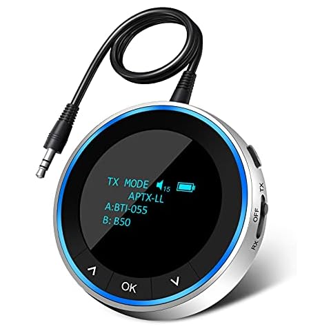 Bluetooth 5.1 Transmitter Receiver, Bluetooth Transmitter for TV Headphones, 2 in 1 Audio Adapter, HD and Low Latency with OLED Display for Speakers PC & Home Car Stereo System,RCA/3.5 mm AUX Cable Cover