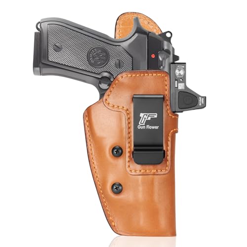 GUN & FLOWER IWB Leather Holster for Beratta 92FS/ 96 / M9 (No Rail), Optic Cut, Concealed Carry Inside Waistband Holster, Fits 1.5'-1.75' Belts, Adj. Retention, Brown, Right Hand