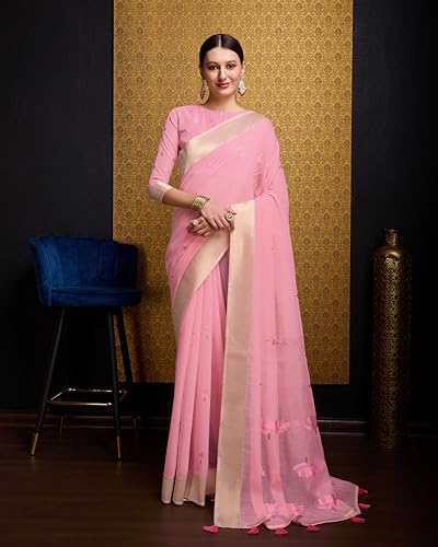 Image of SWORNOF Womens Linen Silk Saree | Saree for Women With Unstitched Blouse | Saree with Blouse Piece | Soft and Skin Friendly