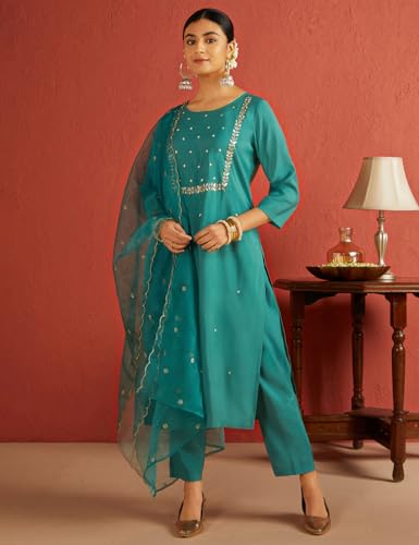Image of Kaari Women's Hand Embroidered Kurta Set with Dupatta - Straight Fit | Silk Blend Fabric with Dabka Work | Sequin Work Organza Dupatta | Straight Pant with Side Pocket | Kurta Set For Women