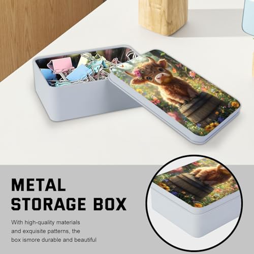 Image of Metal Tin Box with Lid for Game Cards Home Large Organizer Candles Keys Crafts Storage - Comes with 4 Magnetic Cord Clips,Cute Highland Calf Floral