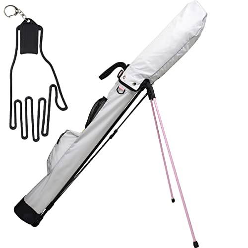 ゴルフクラブケース 練習用 セルフスタンド 【 グローブハンガー 付き 】 大容量 9本収納 軽量 持ち運び 安定性 簡単 (ホワイト×ピンク)
