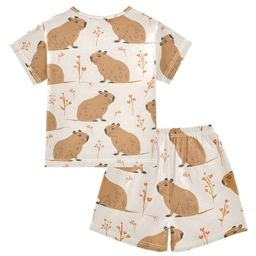 ALAZA Capybara Floral Cute Stylish Pajamas Short Sleeve 2 Piece Sleepwear Top and Bottom Pajama Set Unisex2