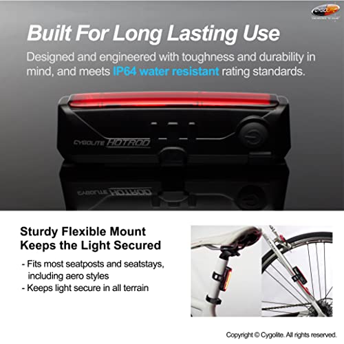 Cygolite Hotrod – 120 Lumen Bike Tail Light - 7 Night & Daytime Modes– Wide Beam COB LEDs – IP64 Water Resistant – USB Rechargeable–Great for Busy Roads, Black, Red, Compact by Cygolite - Image 6