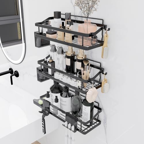 Zilnox 浴室用ラック シャワーラック 強力粘着固定 お風呂 収納 浴室 洗面所 バスルーム 3段 ブラック 幅31.5x奥行14x高9.5CM