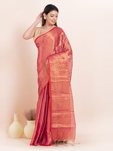 Image of Women's Tissue Cotton Saree | Plain Lightweight Tassel Pallu Saree with Blouse