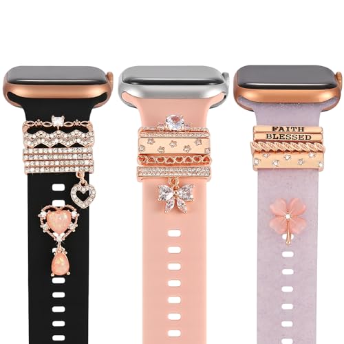 Greaciary 15pcs watch charms with 12pcs Decorative ring Loops 3pcs watch stud metal Diamond Sliding Strap Accessories Compatible with Apple watch Silicone bands Rhinstone ornament
