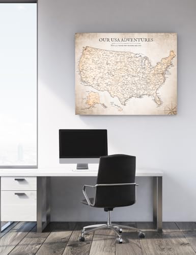 Image of IPIC - Vintage USA Canvas Wall Art, Large Travel Map Print for Home, Office, or Study, Push Pin Map Decor for Travel Lovers, Ready to Hang