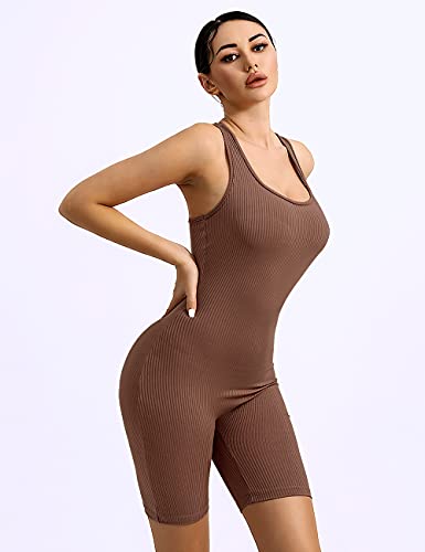 Joukavor Women's Sexy One Piece Tank Top Bodysuit Shorts Sleeveless Bodycon Unitard Jumpsuits Romper Short Catsuit (Coffee, Large) #TOP3