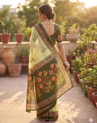 Image of SIRIL Women's Printed Cotton Linen One Minute Ready to Wear Saree With Unstitched Blouse Piece